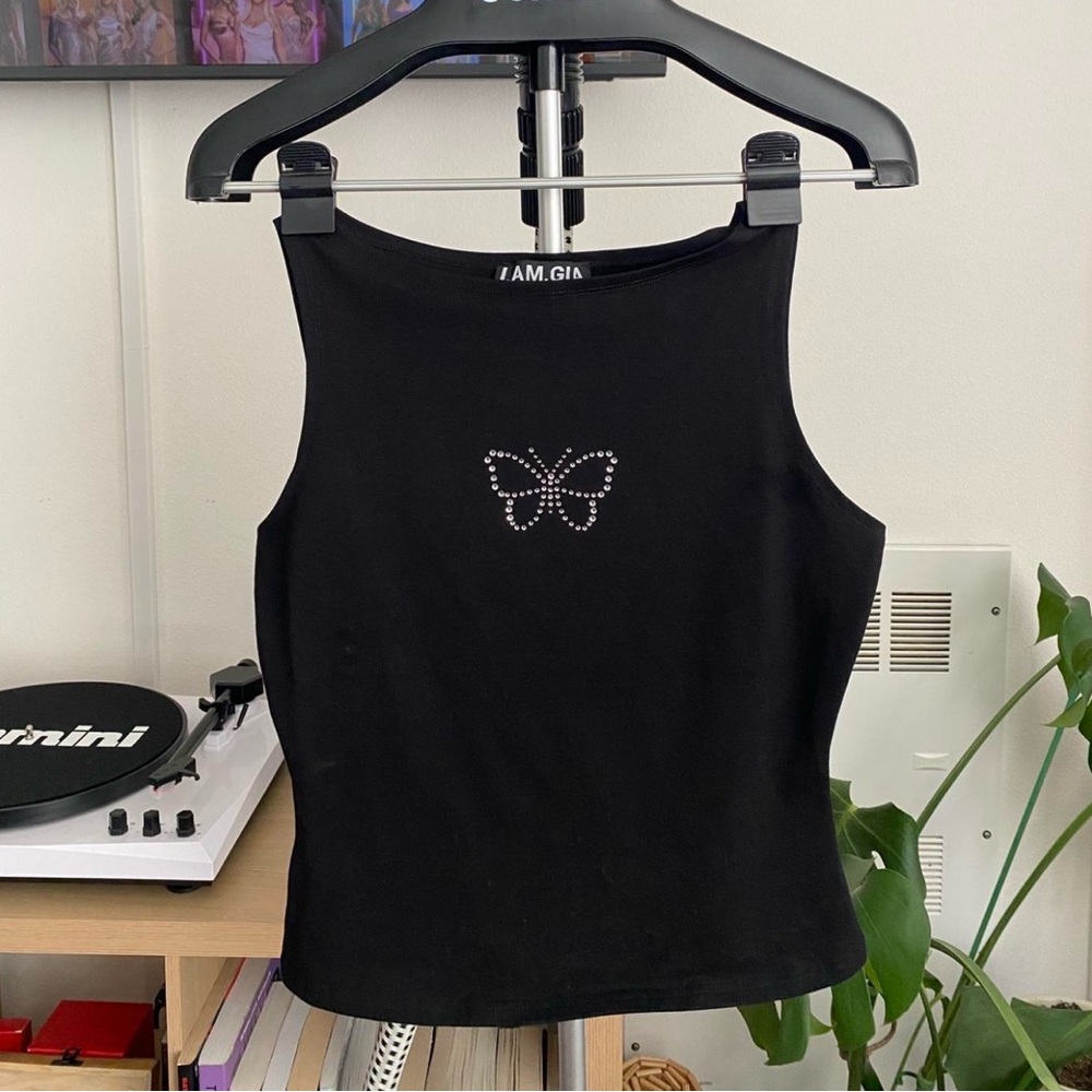 Black I AM GIA Butterfly Embellished Tank Top